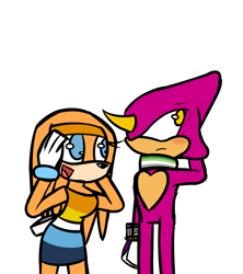 Size: 1470x1657 | Tagged: safe, artist:milktherabbit2, espio the chameleon, tikal, echidna, aro ace pride, aromantic pride, blushing, chameleon, dress, duo, female, frown, gloves, hand on head, hands on own head, headcanon, heart chest, looking at them, looking offscreen, male, mouth open, necklace, simple background, standing, white background