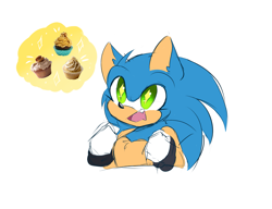 Size: 2291x1757 | Tagged: safe, artist:syrcaii, sonic the hedgehog, hedgehog, au:resonance, chest fluff, clenched fists, cupcake, gloves, irl, mouth open, nonbinary, simple background, solo, sparkling eyes, thinking, thought bubble, white background