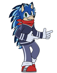 Size: 2200x2800 | Tagged: safe, artist:pegacousinceles, sonic the hedgehog, hedgehog, bandana, clenched teeth, colored ears, colored quills, gloves, jumper, looking at viewer, male, pants, pointing, redesign, shoes, simple background, socks, solo, standing, transparent background