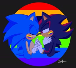 Size: 2274x2018 | Tagged: safe, artist:jennybunny-love, shadow the hedgehog, sonic the hedgehog, hedgehog, abstract background, chest fluff, duo, eyes closed, facepaint, gay, gay pride, gloves, holding hands, lidded eyes, looking at them, male, males only, noses are touching, pride, pride flag background, shadow x sonic, shipping, signature, smile, standing