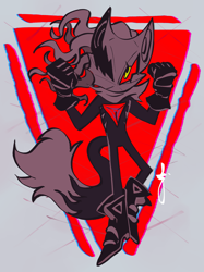 Size: 2391x3190 | Tagged: safe, artist:sirgloria, infinite the jackal, jackal, abstract background, clenched fists, flying, gloves, infinite's mask, jacket, looking at viewer, male, mid-air, phantom ruby, red sclera, shoes, signature, solo, white tipped tail, yellow eyes