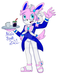 Size: 1280x1657 | Tagged: safe, artist:krissiedeathy, blue eyes, bowtie, cup, deviantart watermark, male, mobianified, mouth open, pink fur, plate, sandals, signature, simple background, solo, standing, suit, sylveon, transparent background, watermark, waving