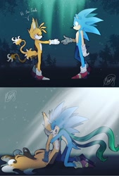 Size: 1440x2124 | Tagged: dead source, semi-grimdark, artist:mercybhk, miles "tails" prower, sonic the hedgehog, oc, oc:villain miles, fox, hedgehog, comic:where was my hero?, abstract background, aged up, alternate universe, bleeding, blood, comic, crying, death, dialogue, duo, english text, gloves, hand-out, holding them, kitsune, kneeling, male, males only, nighttime, outdoors, panels, scarf, shoes, signature, socks, standing