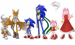 Size: 2048x1228 | Tagged: dead source, safe, artist:mercybhk, amy rose, miles "tails" prower, sonic the hedgehog, oc, oc:villain miles, fox, hedgehog, comic:where was my hero?, 3d, aged up, alternate universe, bandage, boots, dress, frown, gloves, hand on hip, lidded eyes, looking at viewer, pointing, scarf, shoes, simple background, smile, socks, trio, white background