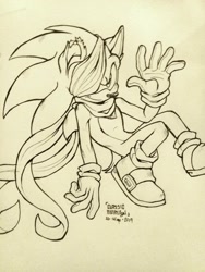 Size: 1536x2048 | Tagged: safe, artist:classicmariposazul, sonic the hedgehog, hedgehog, comic:where was my hero?, alternate universe, bandage, gloves, looking at viewer, male, scarf, shoes, simple background, smile, socks, solo, torn ear, torn flesh, traditional media, waving, yellow background