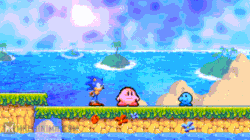 Size: 728x408 | Tagged: source needed, safe, artist:rooster teerh, sonic the hedgehog, hedgehog, animated, crossover, gif, kirby, machinima, male, pixel art, sonic for hire, trio, waddle dee