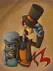 Size: 480x640 | Tagged: safe, artist:sony-shock, grounder, scratch, bird, adventures of sonic the hedgehog, abstract background, chicken, crossover, duo, male, professor layton, robot, top hat