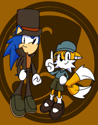 Size: 789x1013 | Tagged: safe, artist:thesonicfan200, miles "tails" prower, sonic the hedgehog, fox, hedgehog, abstract background, child, duo, male, males only, pointing, professor layton, top hat