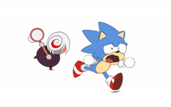 Size: 2228x1402 | Tagged: safe, artist:eggs-and-shrimp, sage, sonic the hedgehog, hedgehog, sonic frontiers, angry, animal crossing, chasing, classic, classic sonic, classic style, crying, duo, net, running, shoes, simple background, white background