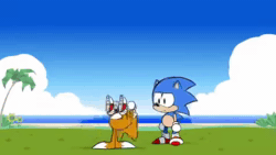 Size: 480x270 | Tagged: safe, artist:hotdiggetydemon, miles "tails" prower, sonic the hedgehog, fox, hedgehog, animated, classic sonic, classic style, classic tails, clouds, daytime, duo, low quality, meme, simplistic anus, sound, spinning, spinning my tails, spinning tails, upside down, whee
