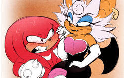 Size: 1280x803 | Tagged: safe, artist:scottytheman, knuckles the echidna, rouge the bat, bat, echidna, knuxouge, looking at each other, one fang, rouge's heart top, shipping, smug, sweat
