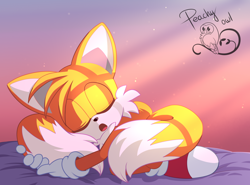 Size: 1944x1440 | Tagged: safe, artist:caelpio, miles "tails" prower, fox, eyes closed, hugging tail, pillow, sleeping, sunlight