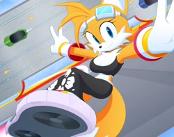 Size: 2048x1614 | Tagged: safe, artist:slickhedge, miles "tails" prower, fox, car, extreme gear, flying, gender swap, goggles on head, metal city, outfit swap, ramp, ring, rouge's flower outfit, solo
