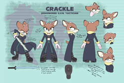 Size: 5004x3343 | Tagged: safe, artist:eggs-and-shrimp, oc, oc:crackle the muntjac, deer, boots, character sheet, coat, electricity, fangs, g.u.n., muntjac, solo, sword