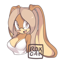 Size: 750x750 | Tagged: safe, artist:roxoah, oc, oc:grace the cinnabunny, rabbit, bust, glasses, hair over one eye, impossibly long ears, simple background, solo, spaghetti top, white background