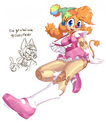 Size: 1108x1280 | Tagged: suggestive, artist:sparkydb, belle the tinkerer, miles "tails" prower, fox, busty belle, clown outfit, cosplay, dialogue, geiru toneido, miles edgeworth, phoenix wright (series), simple background, white background