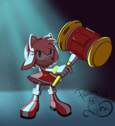 Size: 1010x1114 | Tagged: safe, artist:caelpio, amy rose, hedgehog, fighting pose, frown, piko piko hammer, solo