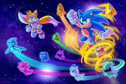 Size: 2560x1716 | Tagged: safe, artist:darkwingdumbass, miles "tails" prower, sonic the hedgehog, wisp, yacker, abstract background, clenched fists, flying, gloves, group, looking ahead, male, males only, mouth open, pink wisp, reach for the stars, shoes, smile, socks, sonic colors, star (sky)