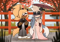 Size: 4096x2892 | Tagged: dead source, safe, artist:qqhoneydew_, tangle the lemur, whisper the wolf, lemur, wolf, duo, females only, kimono, lake, shipping, tangle x whisper, umbrella