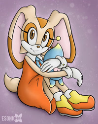 Size: 1024x1288 | Tagged: safe, artist:esonic64, cheese (chao), cream the rabbit, chao, rabbit, abstract background, child, duo, hugging, looking at viewer, neutral chao, sitting, smile