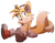 Size: 1475x1141 | Tagged: safe, artist:shira hedgie, miles "tails" prower, fox, chest fluff, gloves, headphones, looking at viewer, male, shoes, signature, simple background, sitting, smile, solo, white background