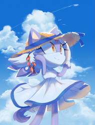 Size: 1491x1962 | Tagged: safe, artist:murasoda, blaze the cat, cat, alternate outfit, bracelet, clouds, dress, eyelashes, female, gloves, hat, looking offscreen, signature, solo, sun hat
