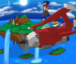 Size: 1280x1088 | Tagged: safe, artist:karlwarrior47, miles "tails" prower, sonic the hedgehog, fox, hedgehog, sonic adventure, daytime, duo, flying, glasses, goggles, tornado i