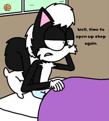 Size: 1275x1414 | Tagged: safe, artist:professorventurer, oc, oc:tyler the skunk, skunk, basketball, bed, male, mobius.social exclusive, no source, solo, topless, underpants, window