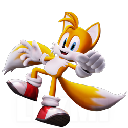 Size: 3086x3086 | Tagged: safe, artist:leymi-lopez, miles "tails" prower, fox, 3d, clenched fist, gloves, leg up, looking at viewer, male, mid-air, mouth open, one fang, shoes, simple background, socks, solo, transparent background, watermark