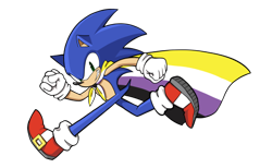 Size: 500x307 | Tagged: safe, artist:salamander-does-art, sonic the hedgehog, hedgehog, alternate version, cape, clenched fists, clenched teeth, gloves, headcanon, looking at viewer, male, nonbinary, nonbinary pride, pride cape, running, shoes, simple background, smile, socks, solo, transparent background