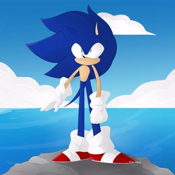 Size: 4096x4096 | Tagged: safe, artist:moonhedgehogs, sonic the hedgehog, hedgehog, sonic frontiers, clenched fist, clenched teeth, clouds, gloves, looking ahead, male, redraw, rock, scene interpretation, shoes, signature, socks, solo, standing