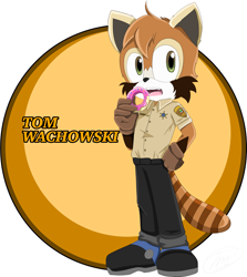 Size: 2899x3254 | Tagged: safe, artist:blueblurarts, tom wachowski, abstract background, character name, donut, english text, gloves, looking offscreen, male, mobianified, mouth open, red panda, sheriff star, shoes, solo, standing