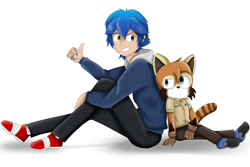 Size: 3922x2613 | Tagged: safe, artist:blueblurarts, sonic the hedgehog, tom wachowski, human, sonic the hedgehog (2020), back to back, clenched teeth, duo, gloves, hand shocker, hoodie, humanized, looking at each other, male, males only, mobianified, pants, red panda, role swap, sheriff star, shoes, simple background, sitting, smile, socks, thumbs up, white background