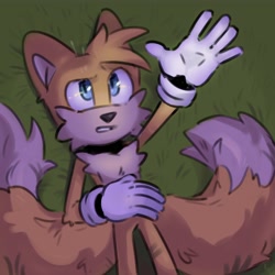 Size: 4000x4000 | Tagged: safe, artist:yulayumeno, miles "tails" prower, fox, clenched teeth, grass, looking up, lying down, male, reaching up, solo