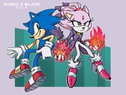 Size: 4000x3000 | Tagged: safe, artist:yulayumeno, blaze the cat, sonic the hedgehog, cat, duo, flame, shipping, sonaze, straight