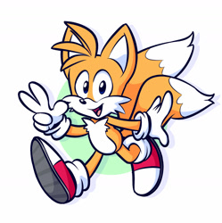 Size: 1280x1283 | Tagged: safe, artist:muggyy, miles "tails" prower, fox, abstract background, looking at viewer, mouth open, smile, solo, v sign, walking
