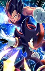 Size: 634x1000 | Tagged: safe, artist:okami, shadow the hedgehog, hedgehog, human, abstract background, chaos spear, duo, fighting pose, looking at viewer, male, this will end in explosions, vegeta (dbz)