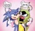 Size: 2200x2000 | Tagged: safe, artist:maniacxvii, artist:ppdppl_art, sonic the hedgehog, surge the tenrec, hedgehog, tenrec, dialogue, female, gradient background, holding them, looking at each other, male, shipping, sonurge, straight