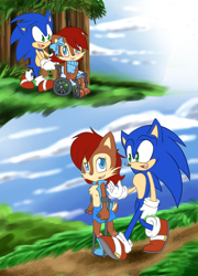 Size: 2076x2888 | Tagged: safe, artist:chicaaaaa, sally acorn, sonic the hedgehog, chipmunk, hedgehog, age progression, child, crutches, disabled, duo, scars, shipping, sonally, straight, wheelchair