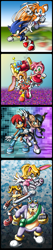 Size: 1131x5300 | Tagged: safe, artist:bellseashell, amy rose, antoine d'coolette, bunnie rabbot, cheese (chao), cream the rabbit, miles "tails" prower, nicole the hololynx, rotor walrus, sally acorn, sonic the hedgehog, chao, chipmunk, coyote, fox, hedgehog, lynx, rabbit, walrus, abstract background, group, neutral chao, panels