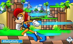 Size: 1280x781 | Tagged: safe, artist:frostthehobidon, sally acorn, chipmunk, clenched fists, emerald hill, grass, looking ahead, palm tree, rally 4 sally, running, smile, solo
