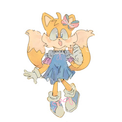 Size: 540x540 | Tagged: safe, artist:kiwisinpants, miles "tails" prower, fox, blue shoes, blushing, clenched fist, dress, female, gloves, looking at viewer, mouth open, one fang, simple background, socks, solo, standing, trans female, trans girl tails, transgender, white background