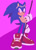 Size: 500x700 | Tagged: safe, artist:sonikkupai, sonic the hedgehog, hedgehog, abstract background, alternate eye color, alternate universe, au:fall into the void, blushing, frown, gloves, holding something, looking at viewer, male, pink eyes, pole, shoes, solo, sonic riders, standing, sunglasses