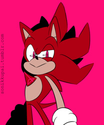 Size: 540x648 | Tagged: safe, artist:sonikkupai, sonic the hedgehog, hedgehog, sonic forces, alternate eye color, alternate universe, au:phantom forces, english text, evil sonic, eye twitch, gloves, looking at viewer, male, phantom ruby, pink background, pink eyes, red fur, simple background, smile, solo, standing