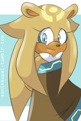 Size: 540x810 | Tagged: safe, artist:sonikkupai, gold the tenrec, tenrec, abstract background, chest fluff, english text, female, hands behind back, looking at viewer, smile, solo, standing