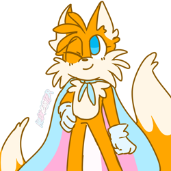 Size: 750x750 | Tagged: safe, artist:hedgester, miles "tails" prower, fox, cape, ear fluff, english text, gloves, hand on hip, looking up, pride cape, simple background, smile, solo, standing, trans pride, transgender, white background, wink