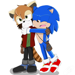 Size: 4096x4096 | Tagged: safe, artist:blueblurarts, sonic the hedgehog, tom wachowski, hedgehog, sonic the hedgehog (2020), duo, eyes closed, frown, gloves, hand on another's shoulder, hugging, lidded eyes, male, males only, mobianified, mouth open, red panda, shoes, side bag, side hug, simple background, socks, standing, sweatdrop, white background