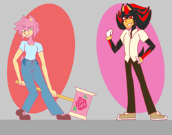 Size: 4200x3300 | Tagged: safe, artist:legyolk, amy rose, shadow the hedgehog, hedgehog, aged up, alternate outfit, alternate universe, au:the bright zone, duo, female, male, redesign, shadamy, shipping, straight