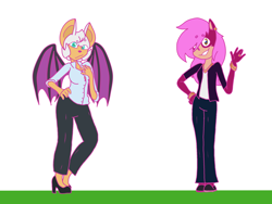 Size: 4200x3150 | Tagged: safe, artist:legyolk, rouge the bat, sonia the hedgehog, bat, hedgehog, aged up, alternate outfit, au:the bright zone, crack shipping, duo, female, females only, lesbian, rougia, shipping, simple background, white background