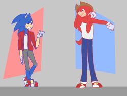 Size: 4400x3300 | Tagged: safe, artist:legyolk, knuckles the echidna, sonic the hedgehog, echidna, hedgehog, abstract background, aged up, alternate outfit, au:the bright zone, duo, gay, knuxonic, male, males only, shipping